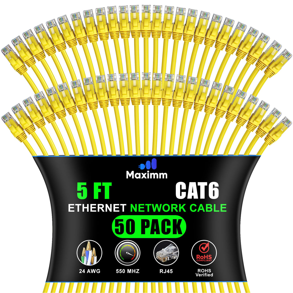 Maximm Cat 6 Ethernet Cable - 5 ft (50-Pack) - High-Speed LAN, Internet, Patch, and Network Cable - UTP, 10Gbps, 550MHz Ethernet