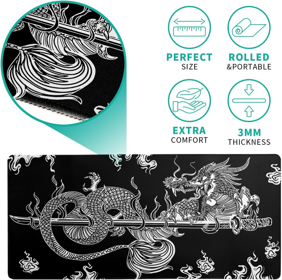 Dragon Gaming Mouse Pad - Black, Large (31.5x11.8 Inch), Non-Slip Base, Stitched Edge for Gaming & Office