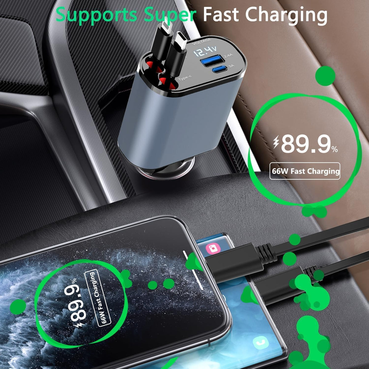 Retractable Car Charger, 4 in 1 Fast Charge Adapter 100W, Retractable Cables for iPhone & Type-C