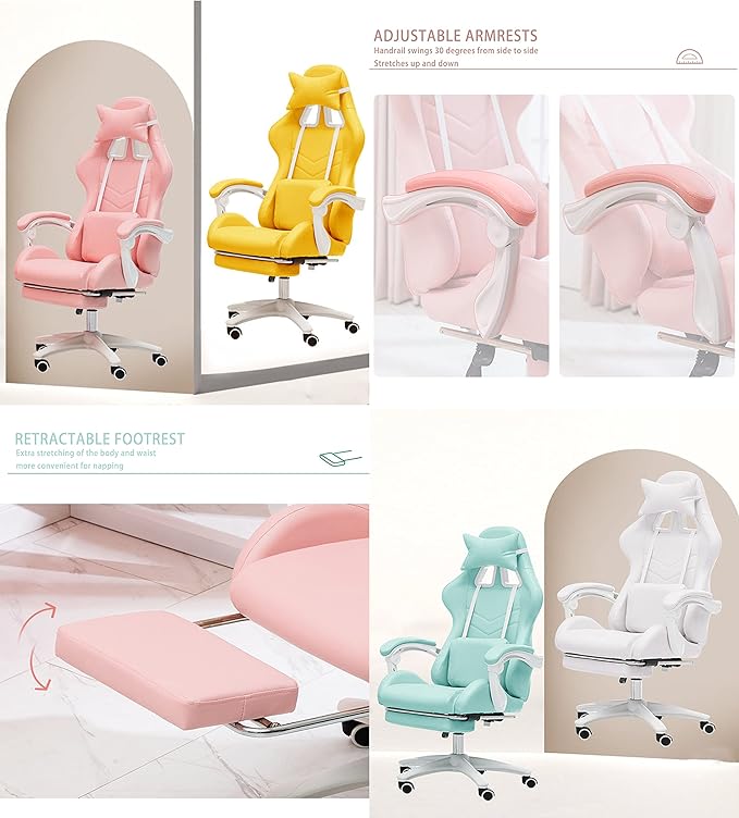 TBQATNTS Pink Girls Gaming ChairCinnamoroll Ergonomic Gaming Chair with FootrestAdjustable Head Pillow and Lumbar Support PC Computer ChairTeen Gaming Chair.Pink