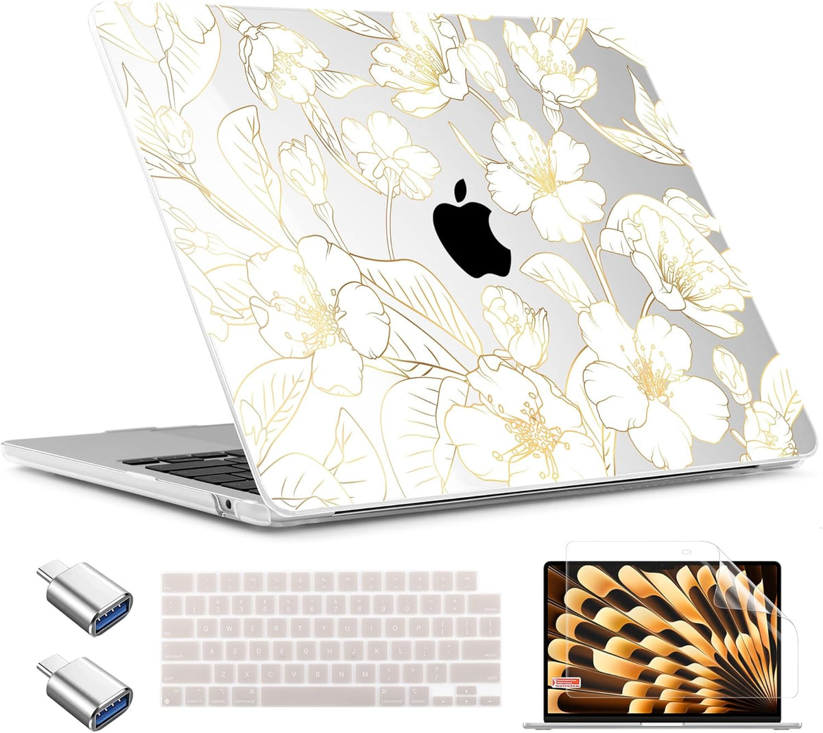 TWOLSKOO Compatible with M4 MacBook Air 15 inch Case 2025-2023 Released Model M4 A3241 M3 A3114 M2 A2941, Plastic Hard Shell & Screen Protector & Keyboard Cover & Type C Adapter, Gold Cherry Blossom