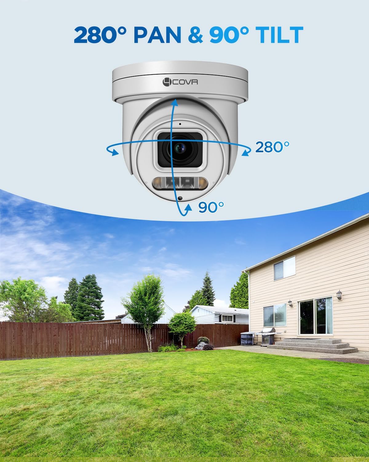 4COVR PoE PTZ Security Camera System, 4X 5MP PoE IP PTZ Camera Two Way Audio, 280ｰ Pan 90ｰ Tilt 5X Optical Zoom, Smart Color Night Vision, Human Vehicle Detection, 8CH 4K NVR 2TB HDD, LY5XCP5M0804