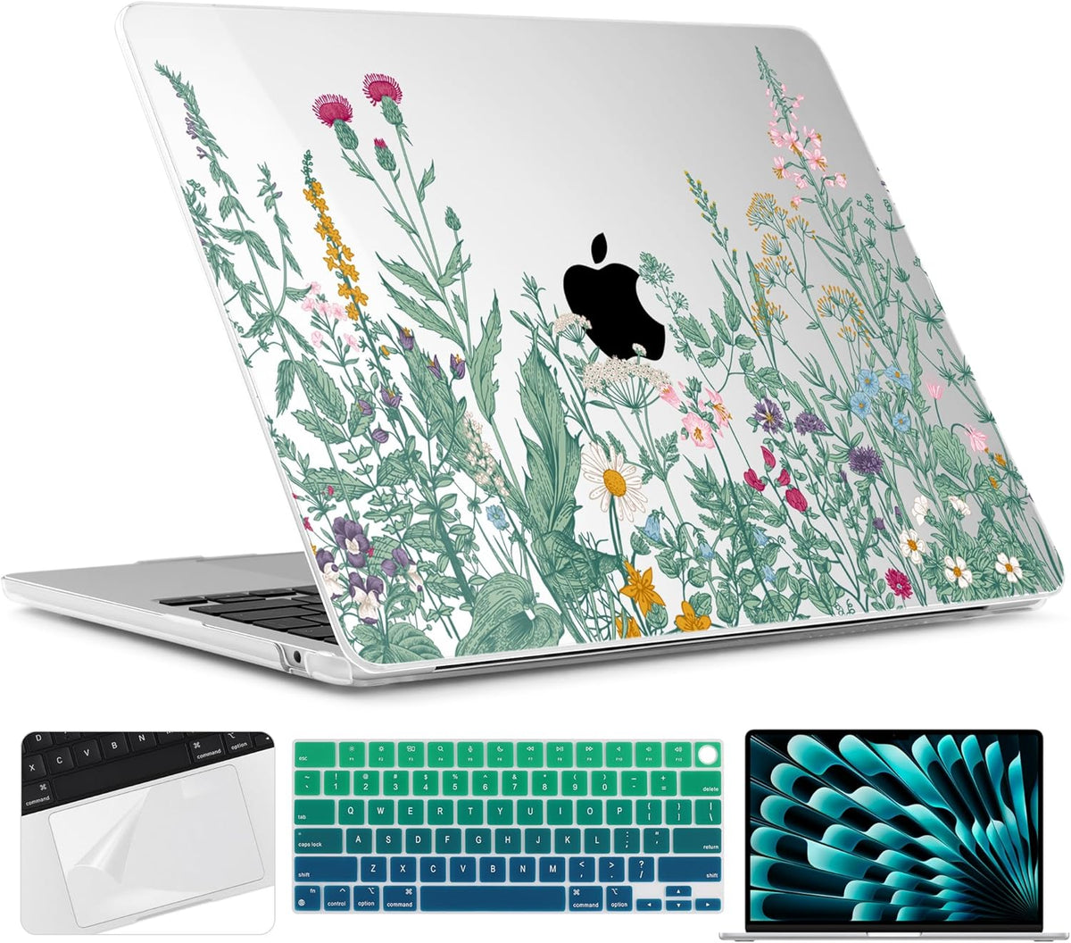 TWOLSKOO for M4 MacBook Air 13.6 inch Case 2025-2022 Release M4 A3240 M3 A3113 M2 A2681, Plastic Hard Shell & Screen Protector & Keyboard Cover & Trackpad Film, Botanical Illustration