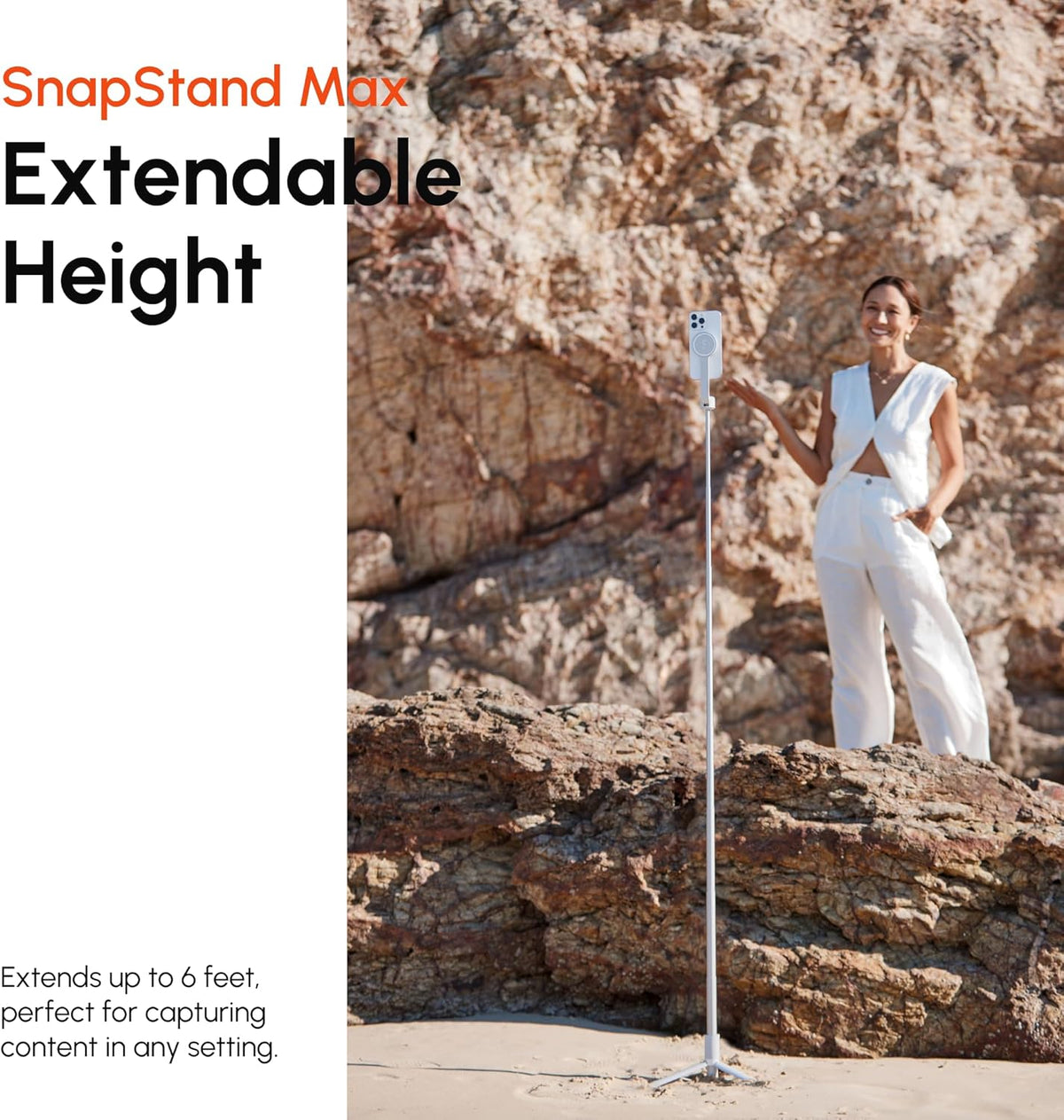 ShiftCam SnapStand Max – Magnetic Selfie Stick & Tripod – Compact, Foldable & Extendable with Tilt Head and Magnetic Bluetooth Remote (Stone, SnapStand Max)