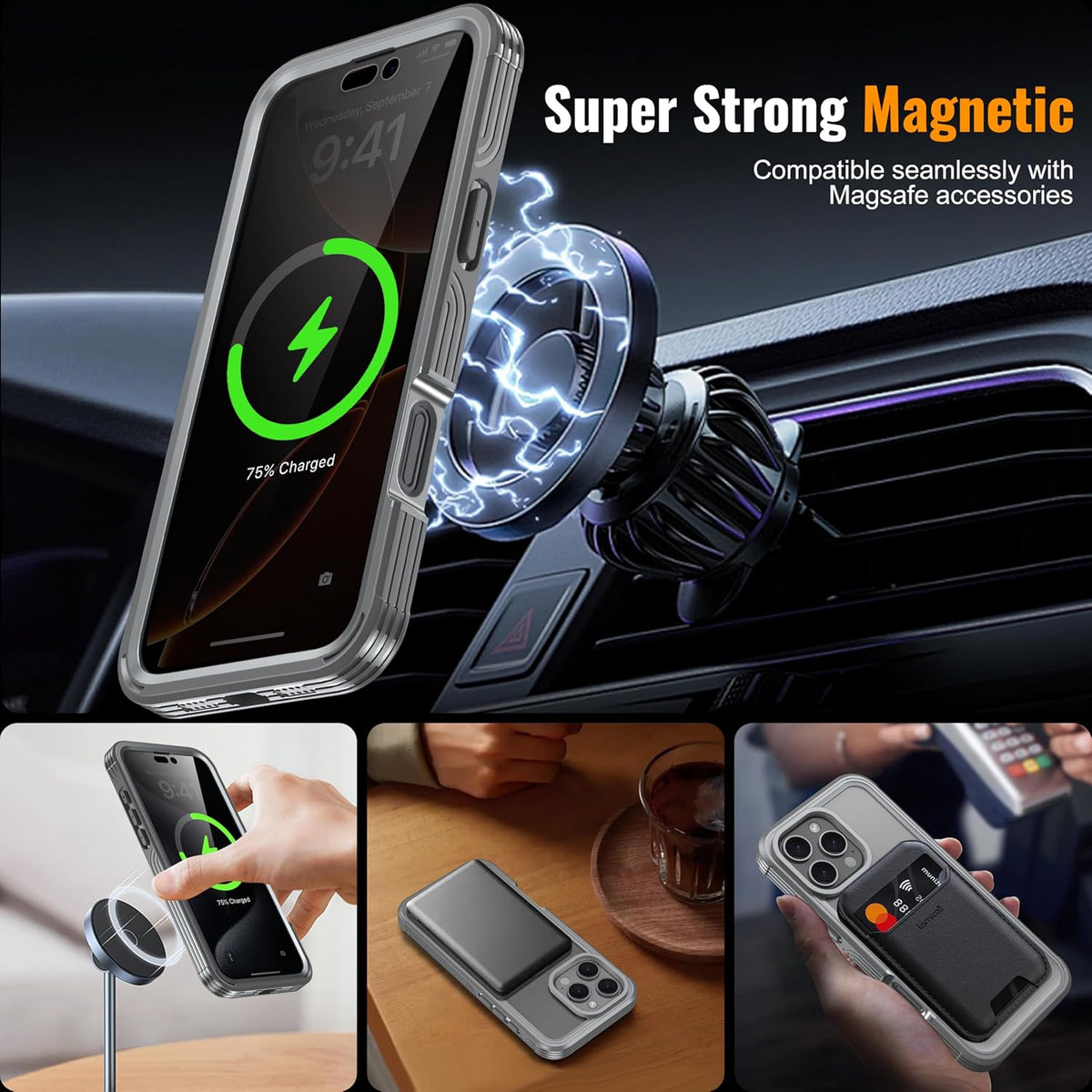 Magnetic & Stand for iPhone 16 Pro Max Case Built-in Privacy Screen Protector[360° Full Body Protection][Fit for Magsafe][Lens Protector] Heavy Duty Shockproof Case for iPhone 16 Pro Max Gray