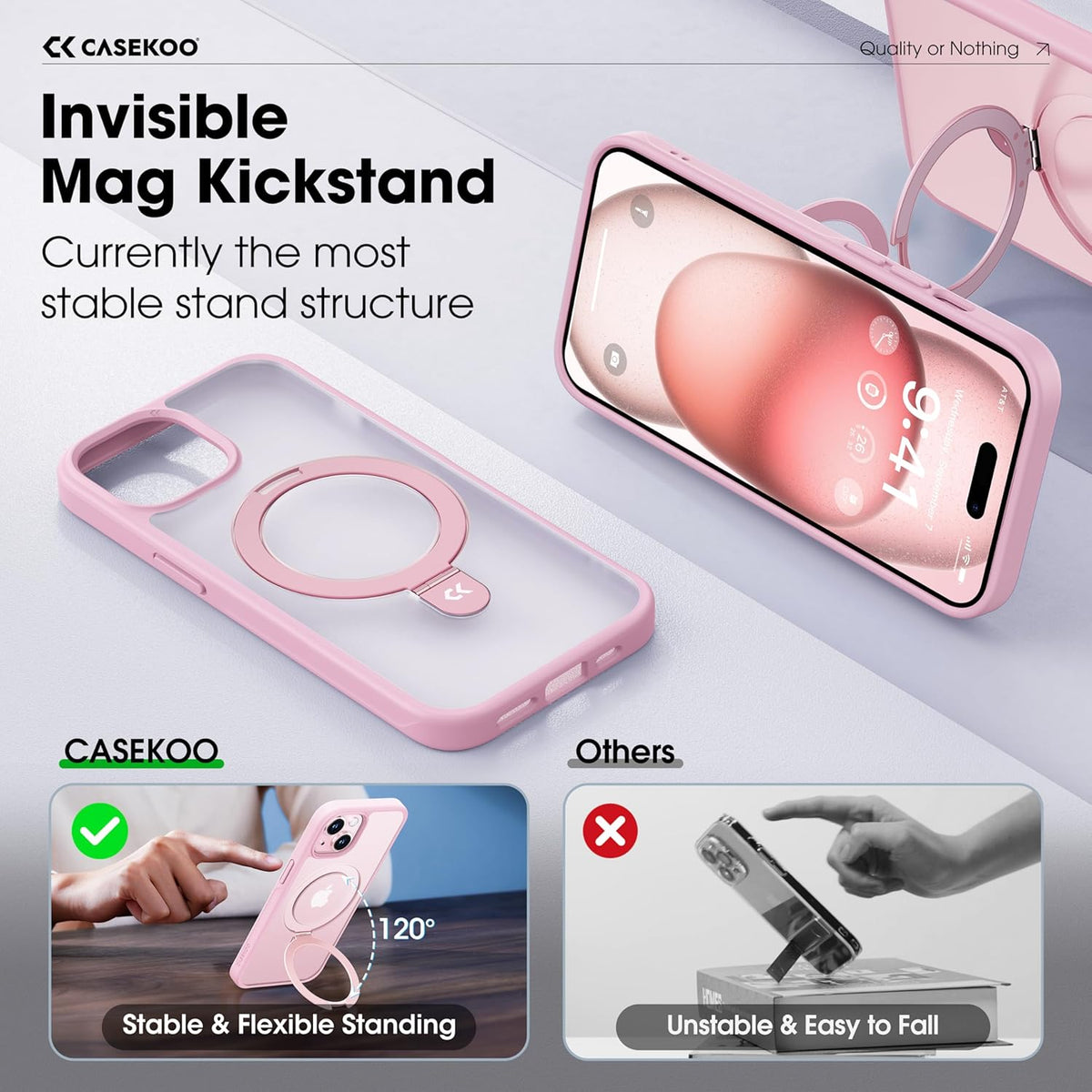 CASEKOO Designed for iPhone 15 Case with Magnetic Invisible Stand [Military Drop Protection] [Compatible with MagSafe] Shockproof Slim Translucent Matte Case 6.1 Inch, Pink
