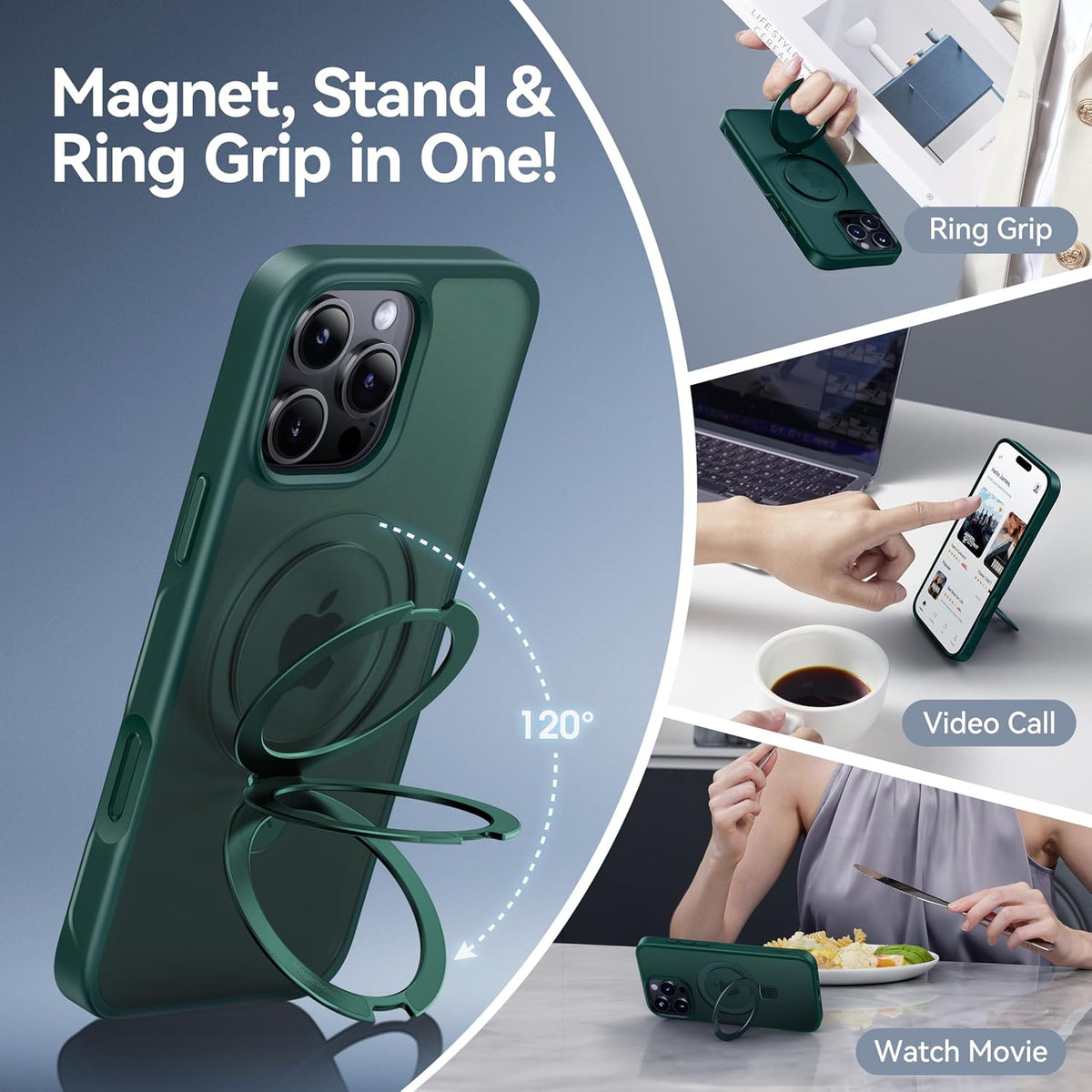 CASEKOO Designed for iPhone 16 Pro Case with Magnetic Invisible Stand [Military Drop Protection] [Compatible with MagSafe] Shockproof Slim Translucent Matte Case 6.3 Inch, Green