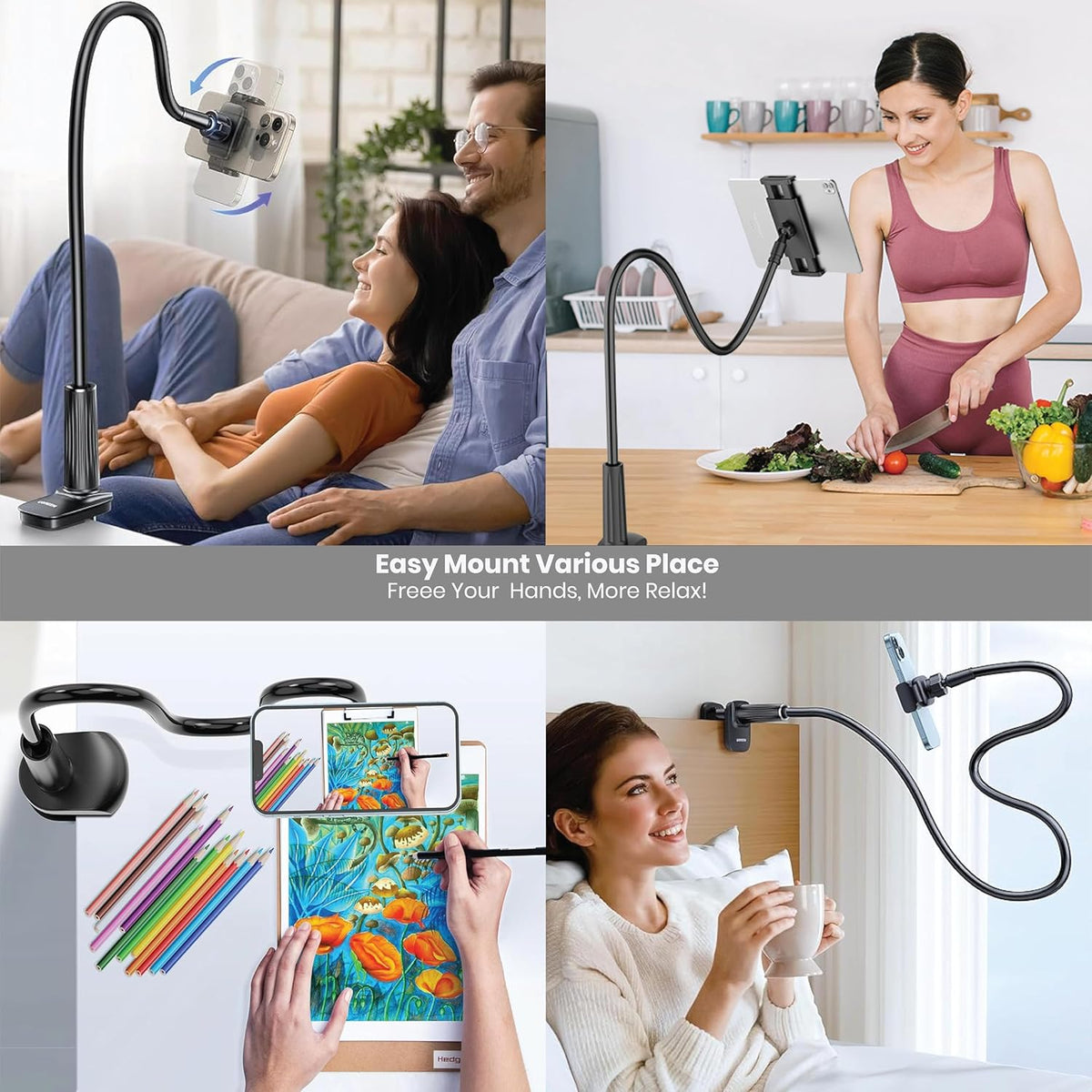 Adjustable 39in Phone & Tablet Holder – 360° Rotating Flexible Arm Mount for Bed & Desk, Universal Clamp Stand for Mobile Phones, Kindle, Galaxy Tabs, Fire Tablets, 4.7"–11" Devices