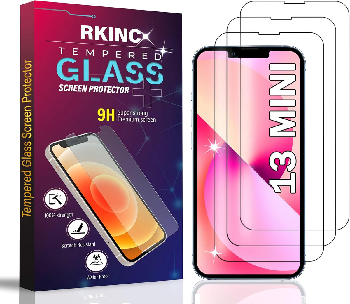 RKINC [3-Pack] Screen Protector for iPhone 13 Mini 5.4-Inch, Tempered Glass Film, Bubble-Free, Anti-Scratch,