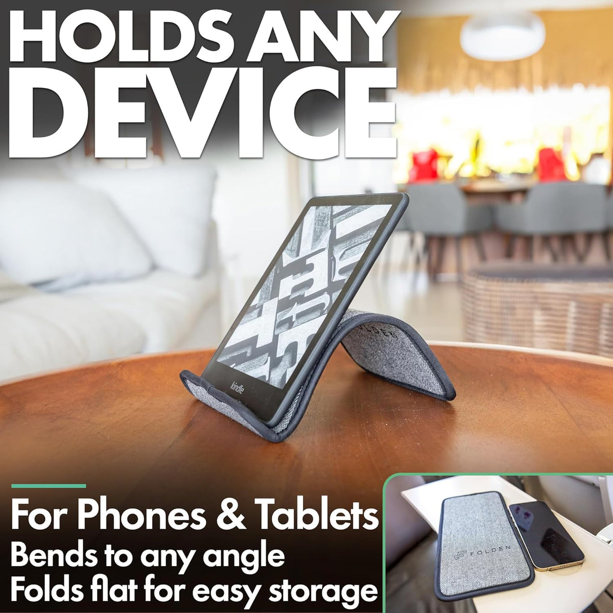 Folden Phone & Tablet Holder Stand 9x5” – Flexible Stand for Flying, Traveling, in-Flight, Zoom Video Calls, Books – Airplane Travel Essential, Compatible with iPhone, Android, Kindle (Tweed)