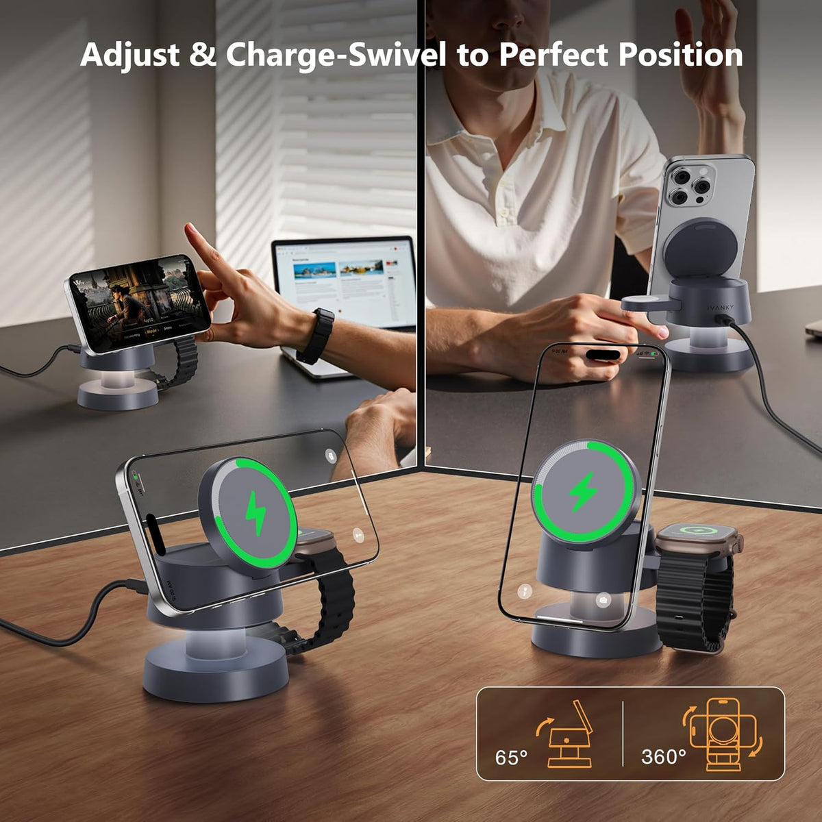 iVANKY 4 in 1 Wireless Charging Station with Night-Lamp for MagSafe Magnetic Charger Travel Stand, 3-in-1 Fast Charge for iPhone 17-11, for Apple iWatch, Airpods（Dual C-Port 100W Adapter Included