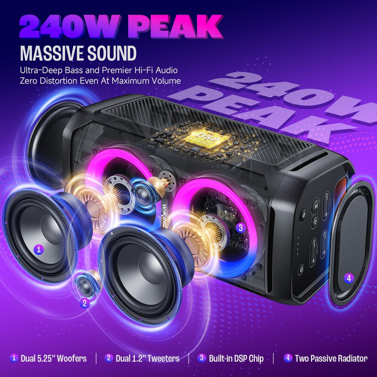 W-KING Large Bluetooth Speaker, 240W Peak Loud Boom Box 2×5.25" Subwoofers & 115dB Deep Bass, IPX6 Waterproof, Wireless Speakers, 24H, For Outdoor Party, Mic&Guitar Input, RGB Lights,Echo, EQ, TF, AUX