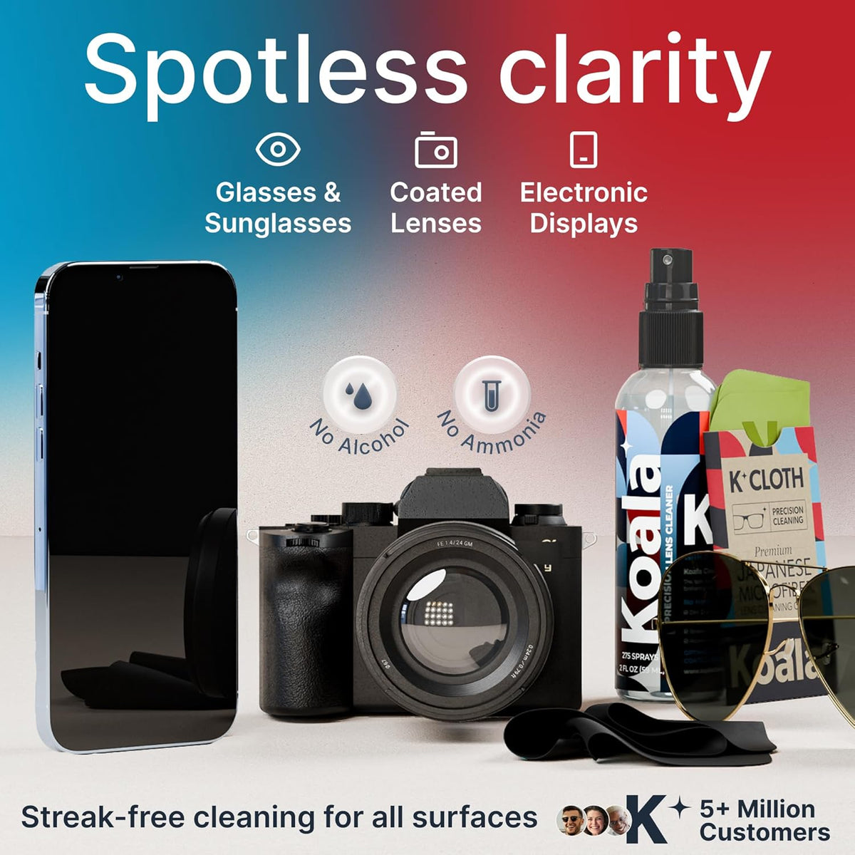 Koala Eyeglass Lens Cleaner Spray Kit | (1x) Glasses Cleaner Bottle + (1x) Microfiber Cloth | Alcohol Free Eyeglasses, Screen, and Camera Cleaning Kit | Made in USA (2 Piece Set)