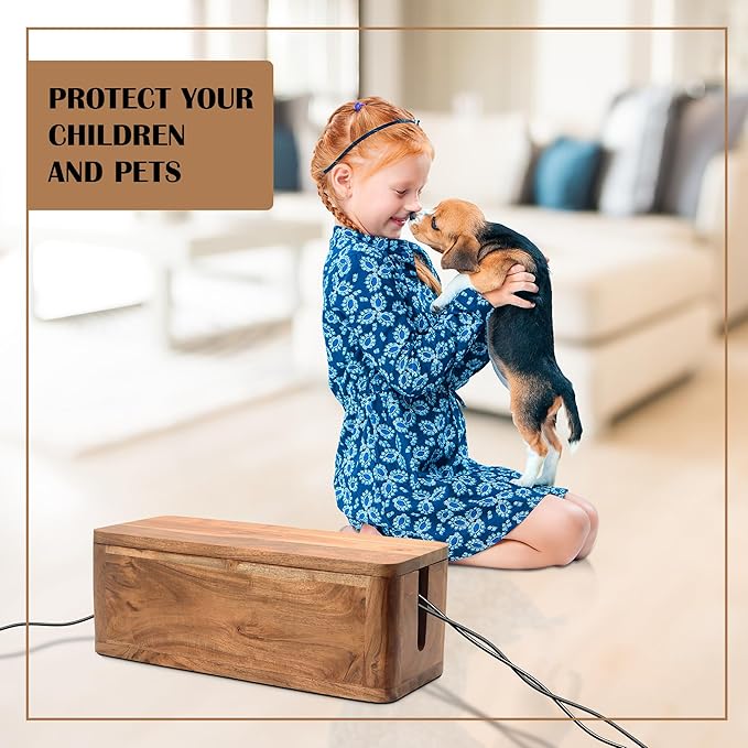 Large Cable Management Box - Acacia Wood - Cable Organizer Box and Power Strip Box for Electrical Cord Management - Hide Desk Cord and Floor Cables - Wire Storage and Organization for Cords