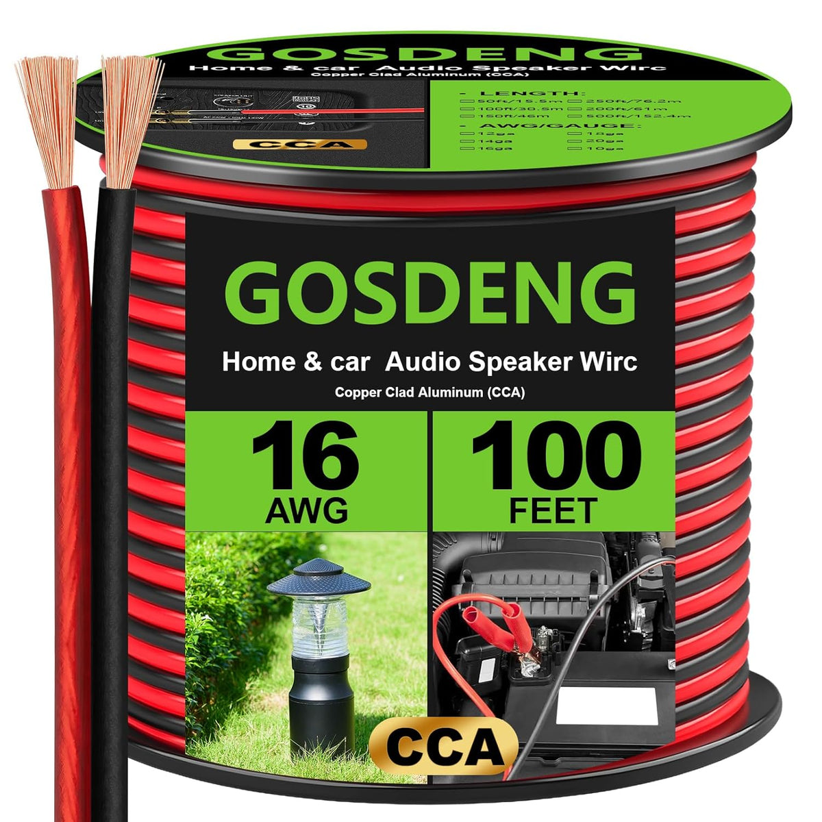 GOSDENG 16 100 16 Gauge Speaker Wire- ft Spec Soft Touch Audio Wire for Car Stereos, Home Theater, Surround Sound
