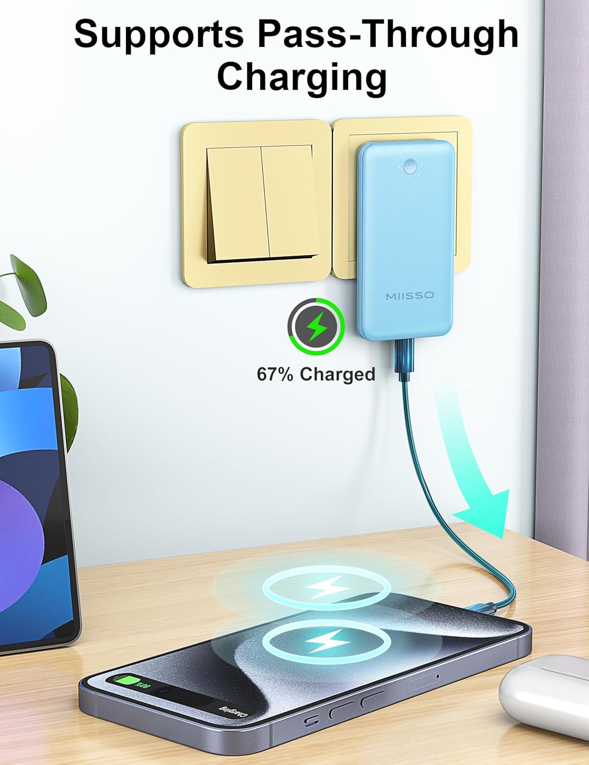 miisso Ultra Slim 10000mAh Power Bank with Built-in Cables, Pocket Size USB C Portable Charger