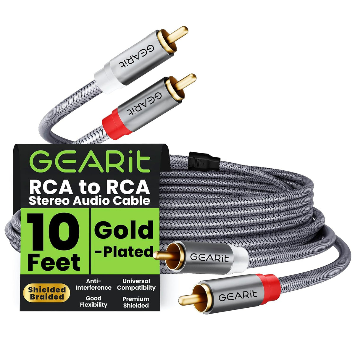 GEARit RCA Cable (10FT) 2RCA Male to 2RCA Male Stereo Audio Cables Shielded Braided RCA Stereo Cable for Home Theater, HDTV, Amplifiers, Hi-Fi Systems, Car Audio, Speakers, 10 Feet