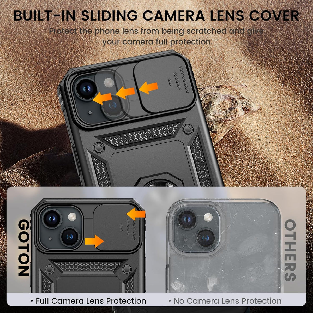 Goton iPhone 15 Plus Case - Heavy Duty Shockproof Bumper with Slide Camera Cover & Screen Protector, Black