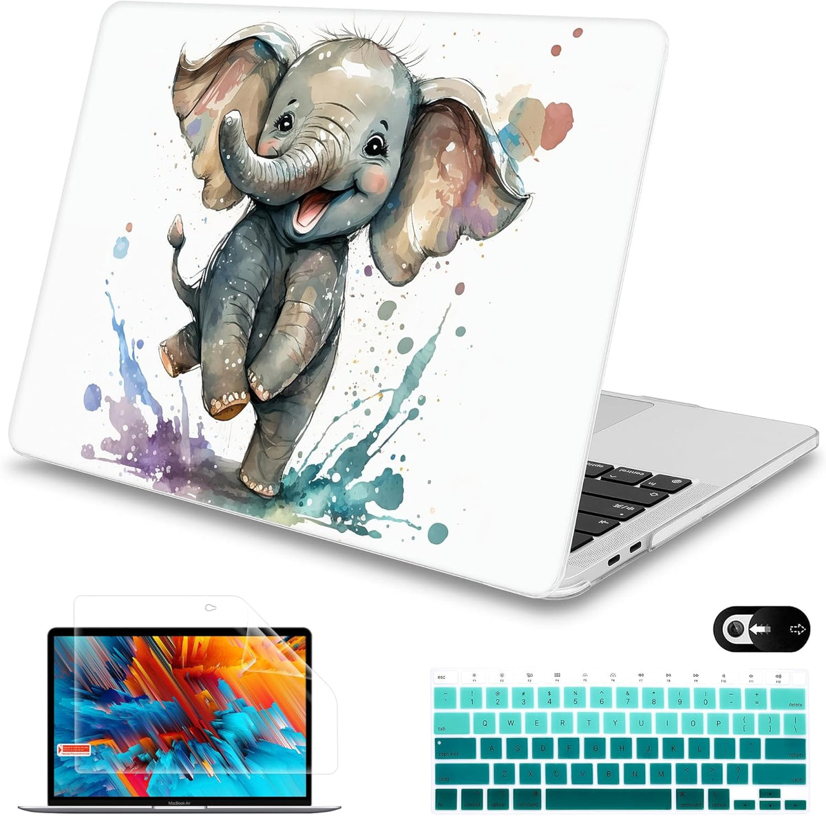 Mektron for MacBook Air 13 Case A1466/A1369 (2010-2017 Release), Snap-on Plastic Hard Shell Cover for MacBook Air 13.3 inch with Keyboard Cover, Cute Elephant