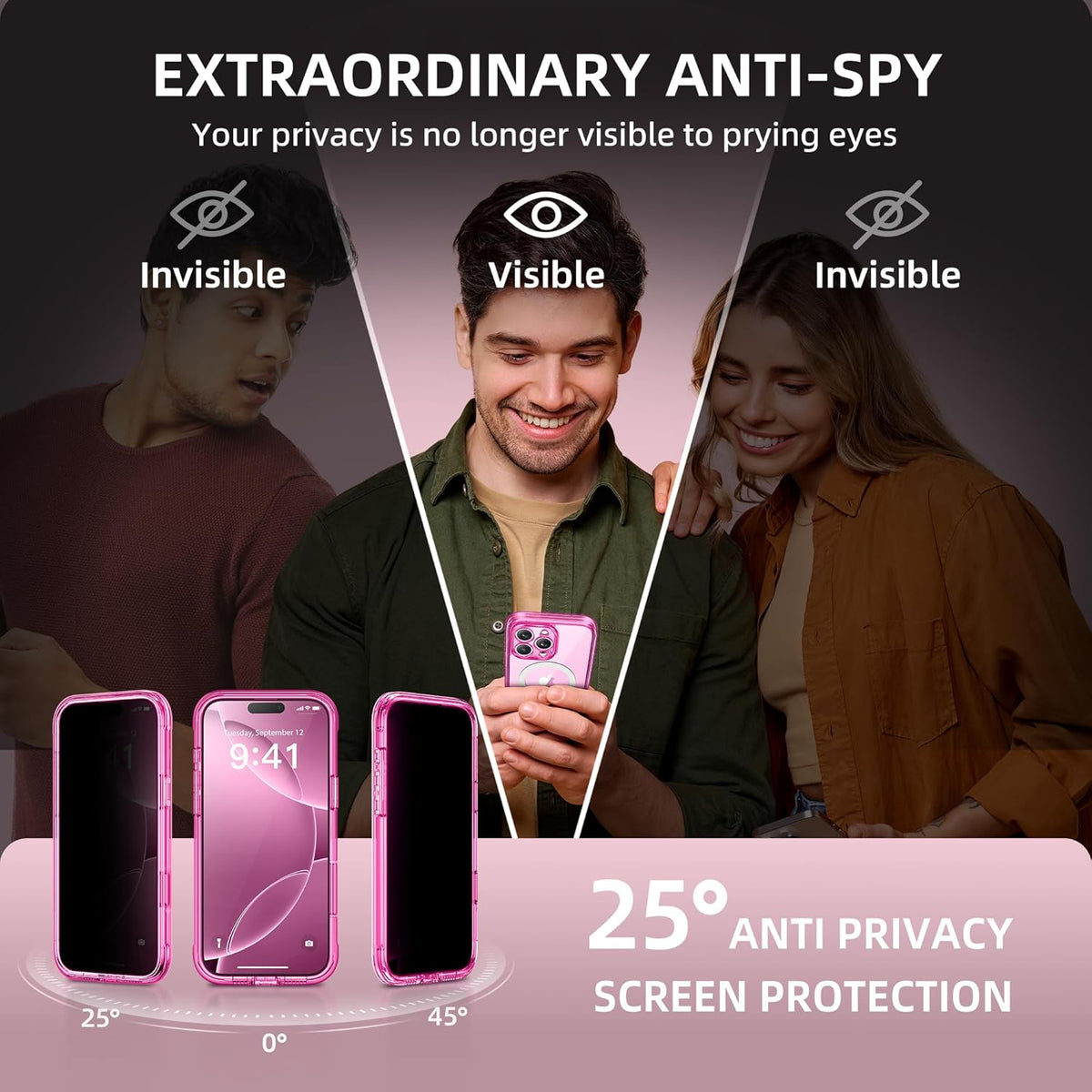 BERFY Magnetic for iPhone 16 Pro Case, Compatible with MagSafe, Built-in Privacy Screen Protector and Upgraded Camera Protection, Anti-Spy Full Body Shockproof Phone Case for 16 Pro 6.3", Bright Pink