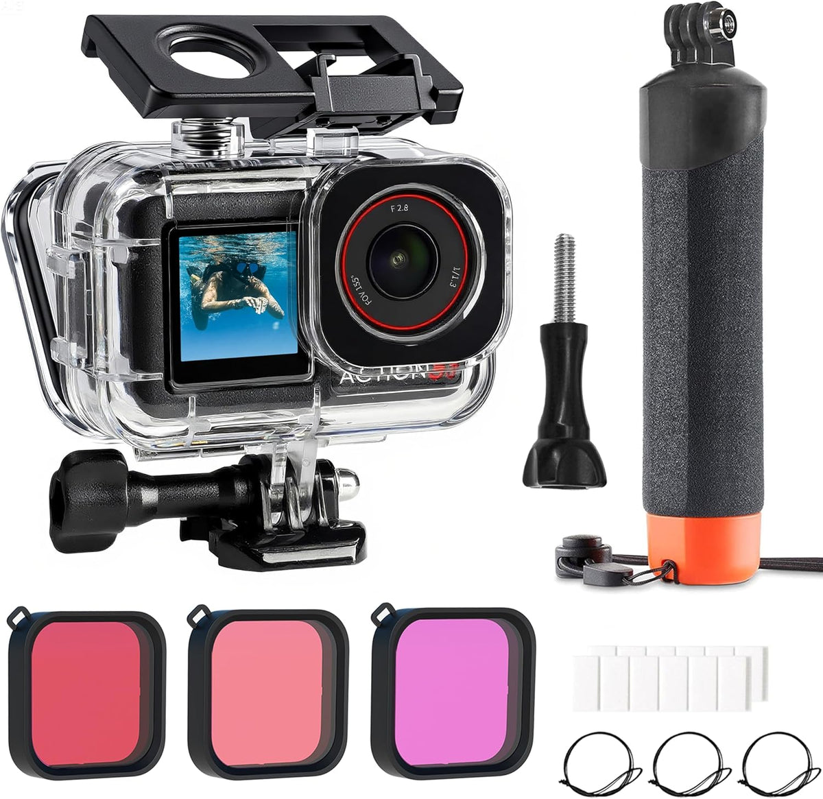 FitStill 164FT/50M Waterproof Case&3 Filters&Floating Hand Grip Stick Set Compatible for DJI Osmo Action 5 Pro Action 4 Action 3,Snorkeling Surfing,Wakeboarding Protective Cover Shell Accessories Kit