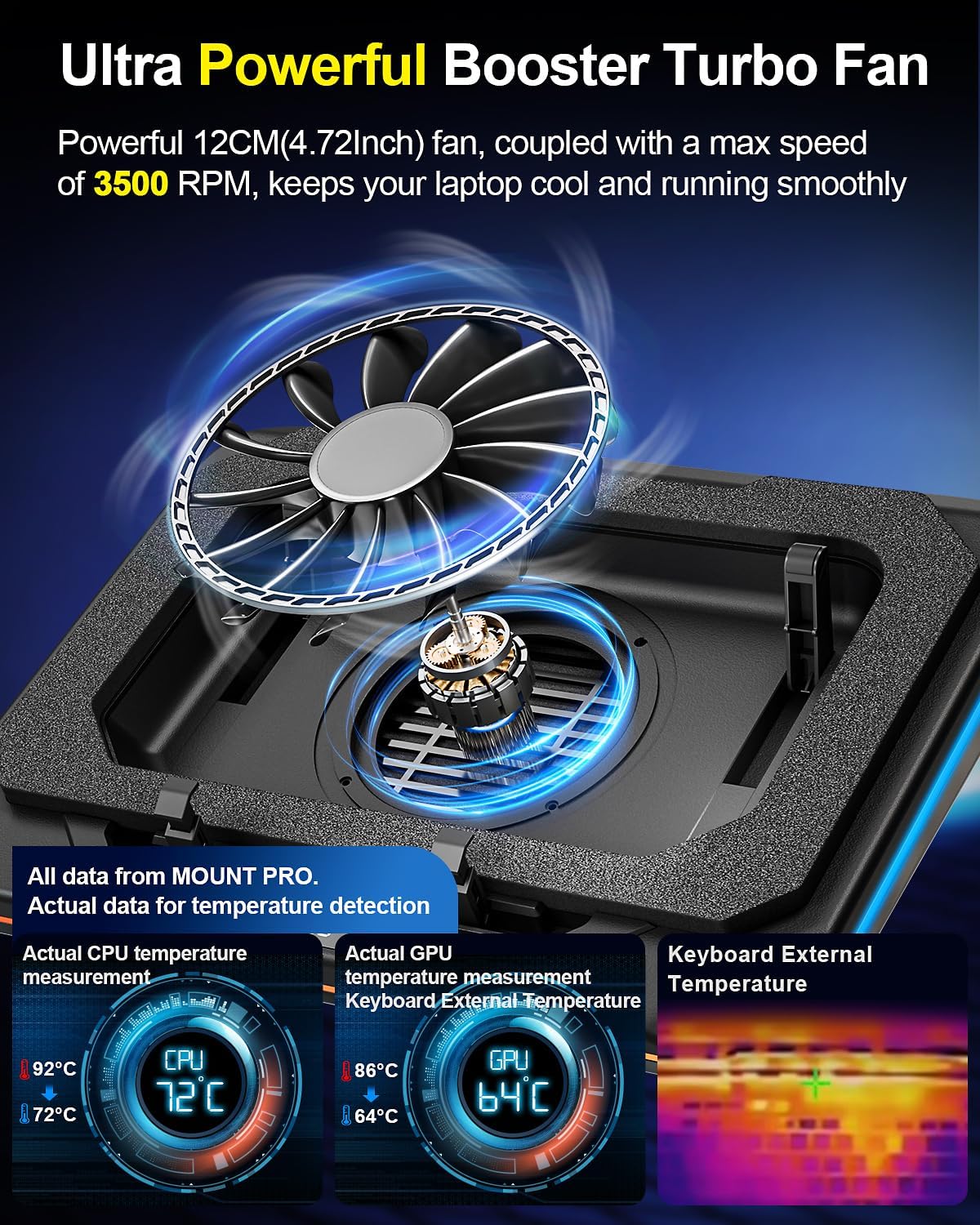 MOUNT PRO Gaming Laptop Cooling Pad, RGB Laptop Cooler Stand with Powerful Turbofan (3500 RPM), Height Adjustable Laptop Fan Cooling Pad for 13-19 Inches Notebook, with Sealed Foam, Touch Control