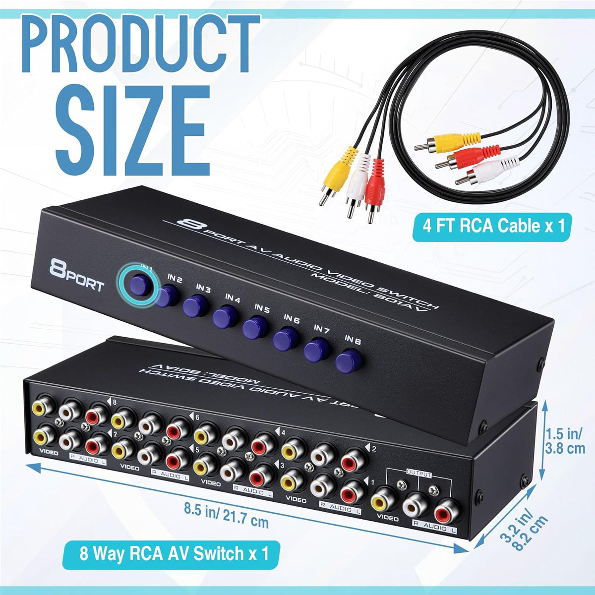 Gulfmew 8 4 8 1 8 Way AV Switch, RCA Switcher with FT RCA Cable, in Out Composite Video L/R Audio Selector Box, Port AV