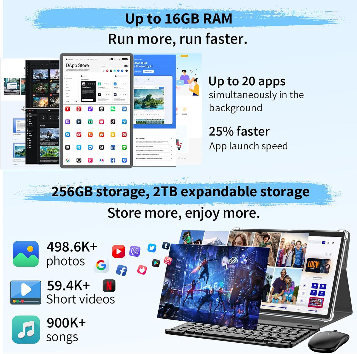 Android 15 Tablet with Keyboard, 16GB（8+8）RAM+256 Storage(Expand to 2TB), 8000mAh Battery, Widevine L1,10 Inch 2-in-1 Tablets with 5G/2.4G WiFi, BT5.0, GMS Certified, with Mouse, Case, Stylus（Black）