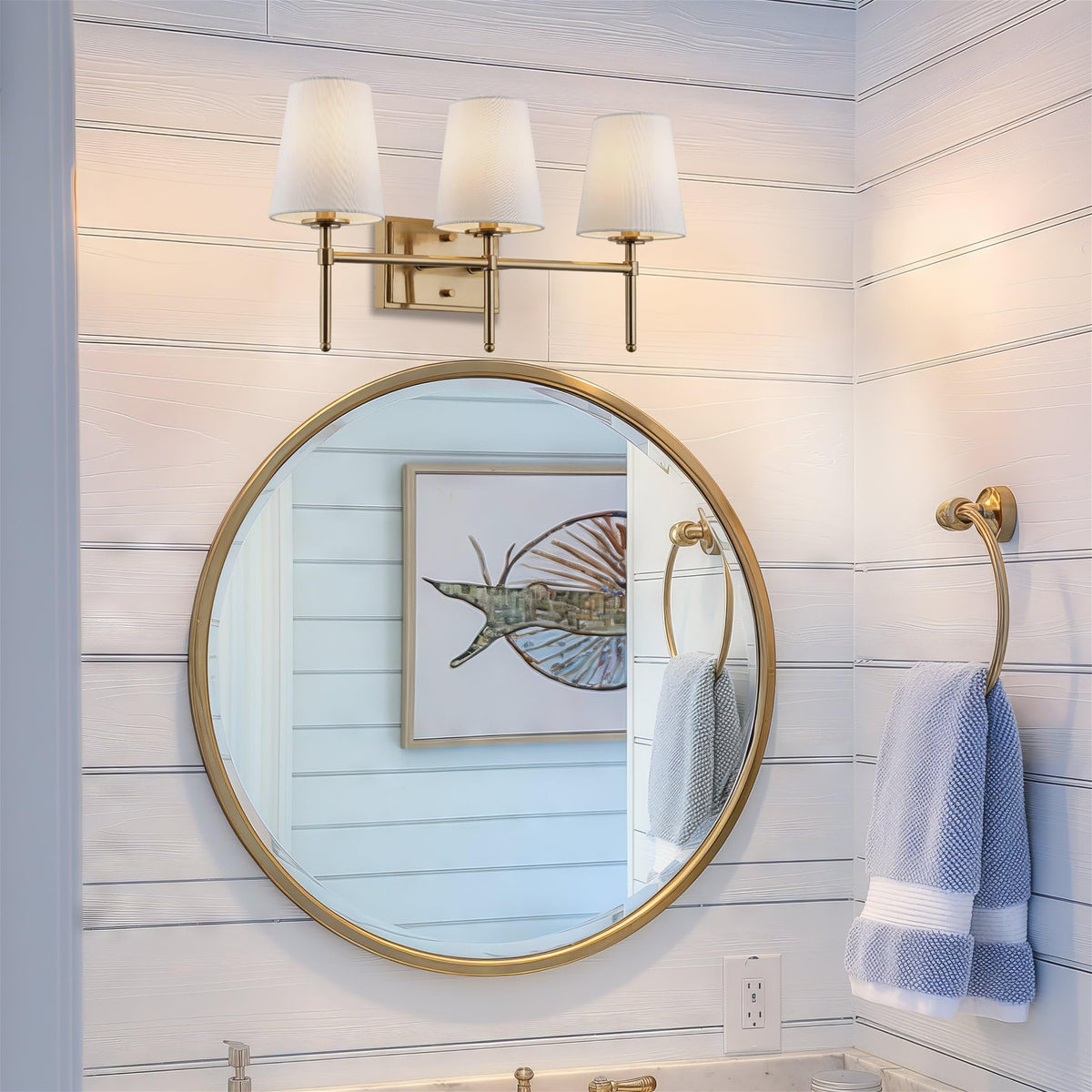 Kira Home Torche 23" 3-Light Modern Gold Bathroom Vanity Light, Gold Wall Sconce with White Fabric Cone Shades, Cool Brass Finish