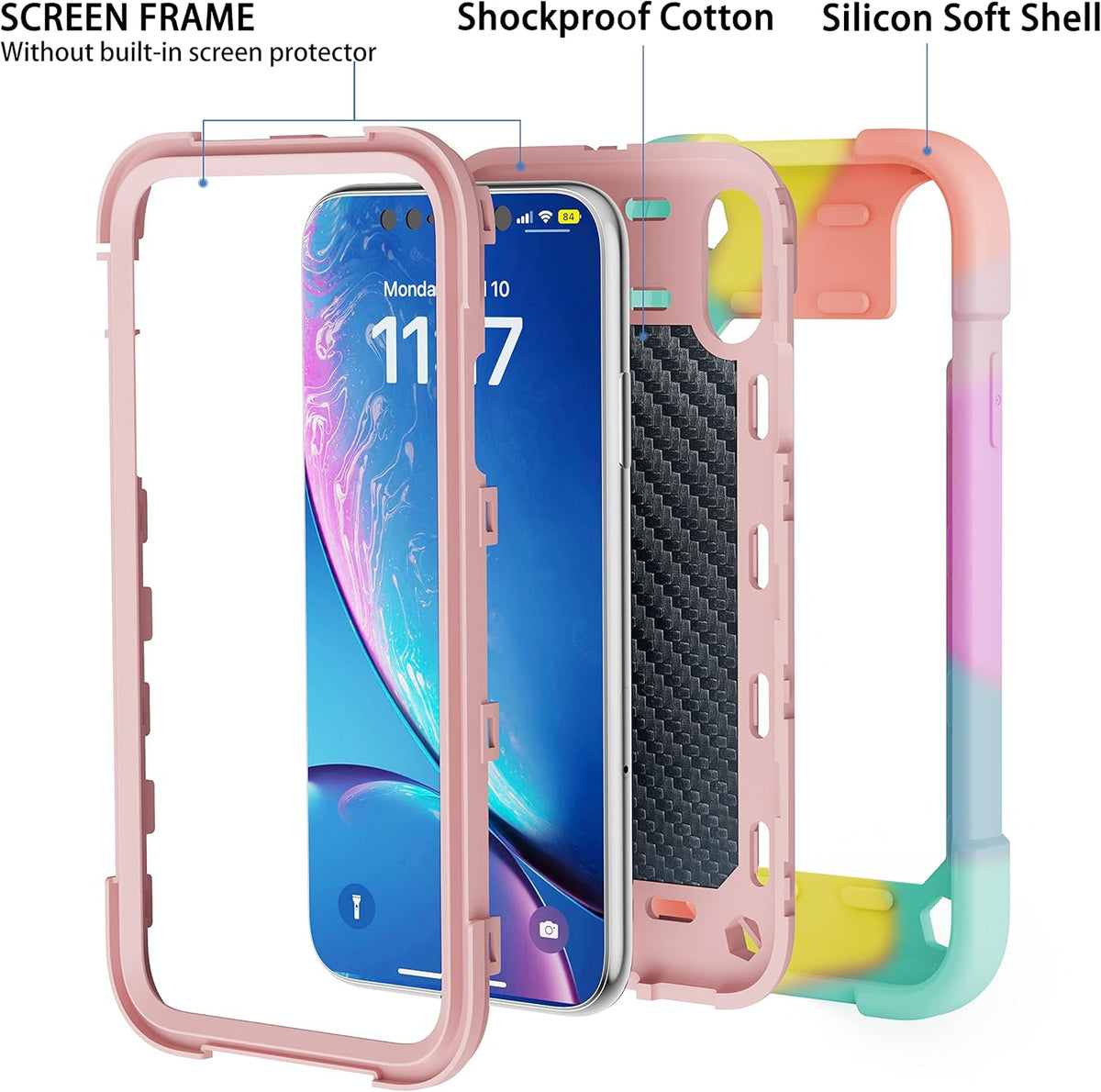 iPhone XR Case 6.1 Inch with Ring Stand, 2 Pack Glass Screen Protector, Heavy-Duty Shockproof Rugged Military Grade