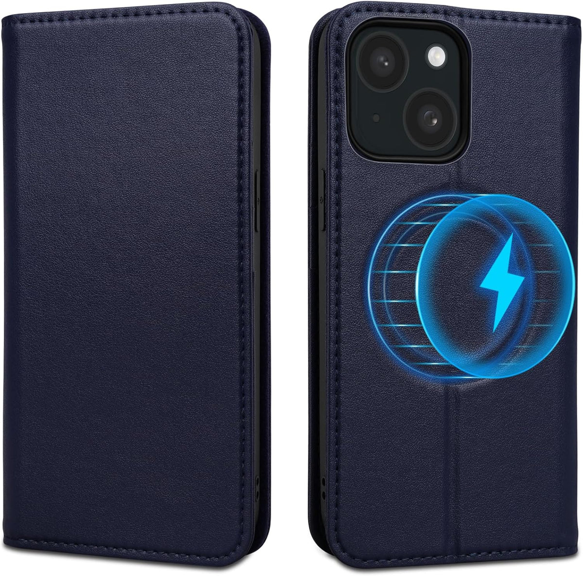 Wallet Case for iPhone 15 Plus - Dark Blue, Genuine Leather Flip Folio, Compatible with MagSafe, RFID Blocking