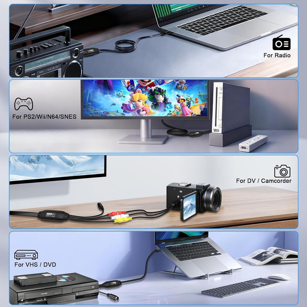 Herfair Hi8 VHS to Digital Converter, USB Video Capture Card Device, RCA to USB A Converter, Convert VHS VCR DV Tape