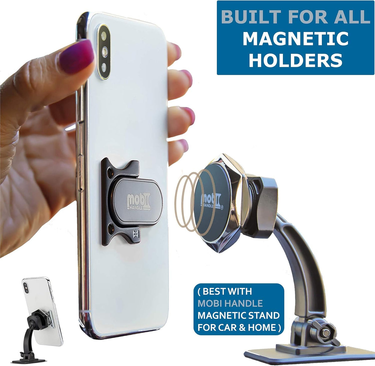 Phone Grip Holder Ring Kickstand, Unique 3-Finger Shape for Comfort & Security, Lightweight, Durable [Gun Black]