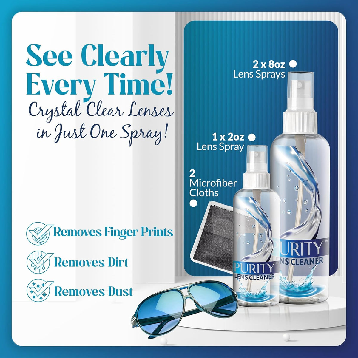 Purity Eyeglass Lens Cleaner Kit - 2 x 8oz and 1 x 2oz Lens Cleaner Spray Bottle + 2 Microfiber Cleaning Cloths - Safe for All Lenses (AR Coated Included), Eyeglasses and Screens - Clear