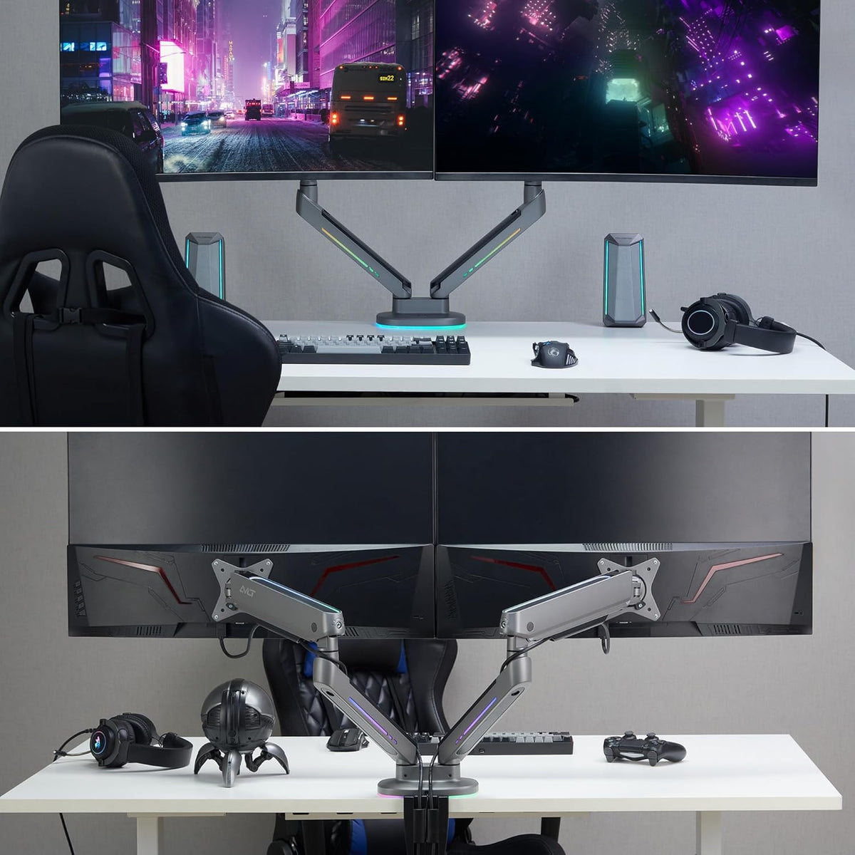 AVLT Dual 27”-43” RGB Gaming Monitor Arm Desk Mount Built-in 20 Lighting Modes Touch Button Control Fits Flat/Curved/Ultrawide Screen Height Swivel Tilt Rotation Adjustable Monitor Stand -Dark Gray