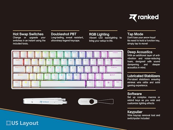 Ranked N60 Nova 60% Form Factor | Hot Swappable Mechanical Gaming Keyboard | 61 Keys Multi Color RGB LED Backlit for PC/Mac Gamer (White Gateron Pro Yellow)