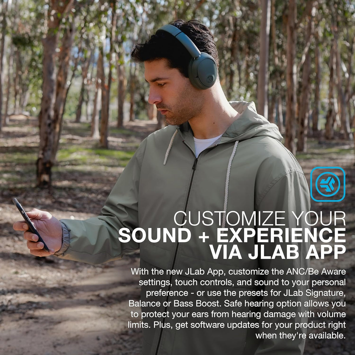 JLab JBuds Lux ANC Wireless Headphones, Sage, Hybrid Active Noise Cancelling, Customizable Sound, Spatial Audio Compatible, Premium Over-Ear Bluetooth Headset
