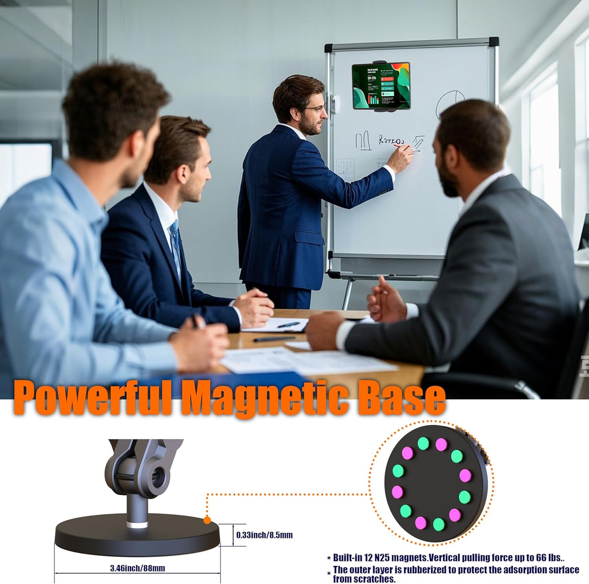 Universal Magnetic Tablet Holder 360°Adjustable 7.7" Aluminum Heavy Duty Arm 3.5" Magnetic Base for Car Dashboard, Gym, Kitchen Fits 4-13" Tablets, Phones