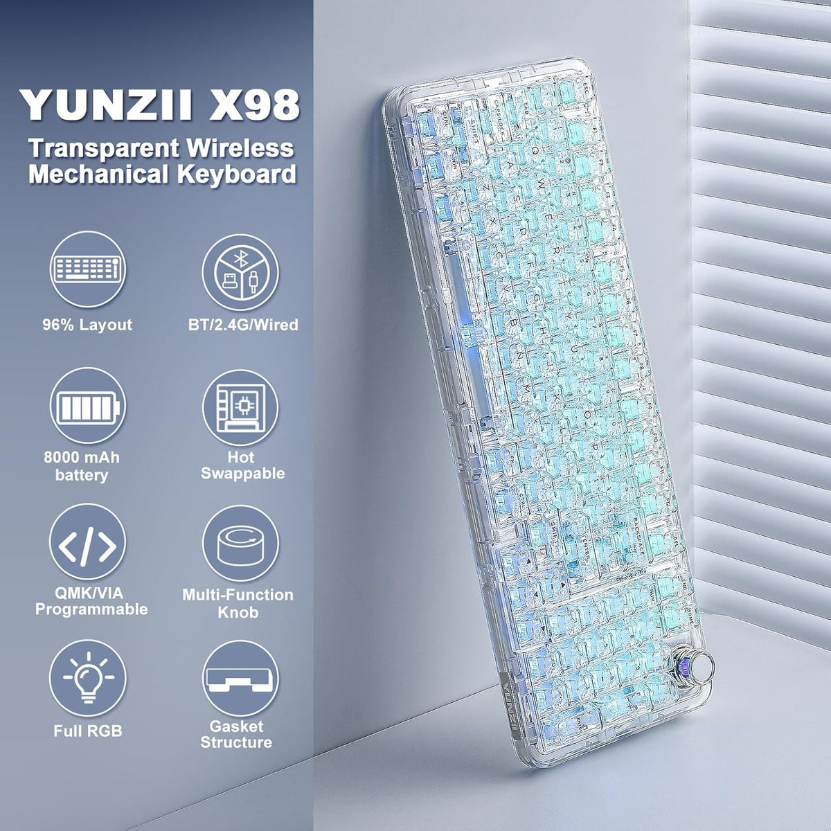 YUNZII X98 QMK/VIA Wireless Mechanical Gaming Keyboard with Knob,Tri-Mode BT5.0/USB-C/2.4GHz Hot Swappable Keyboard,Pre-lubed Switches Gasket Mount RGB Backlit for Wins/Mac (White, Snow Switch)