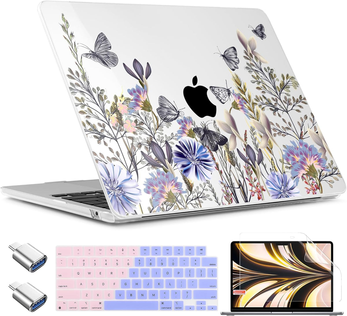 TWOLSKOO Compatible with M4 MacBook Air 15 inch Case 2025-2023 Released Model M4 A3241 M3 A3114 M2 A2941, Plastic Hard Shell & Screen Protector & Keyboard Cover & Type C Adapter, Garden Flower
