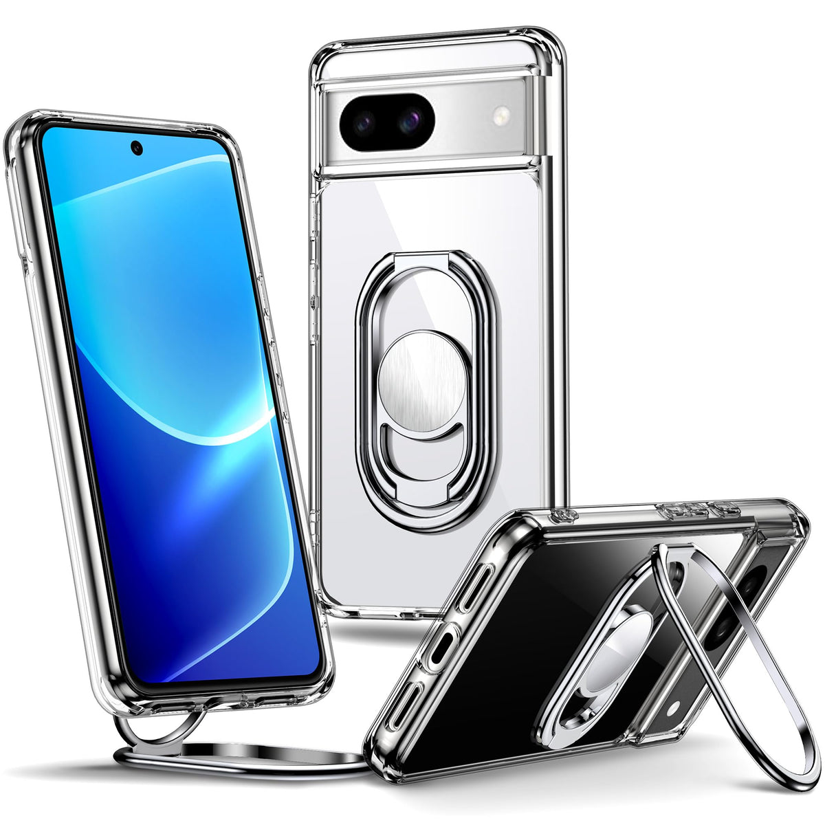 Shields Up For Google Pixel 8A Case With Stand, Pixel 8A Case Clear With Double Ring Holder [Adjustable & Foldable] Shockproof P