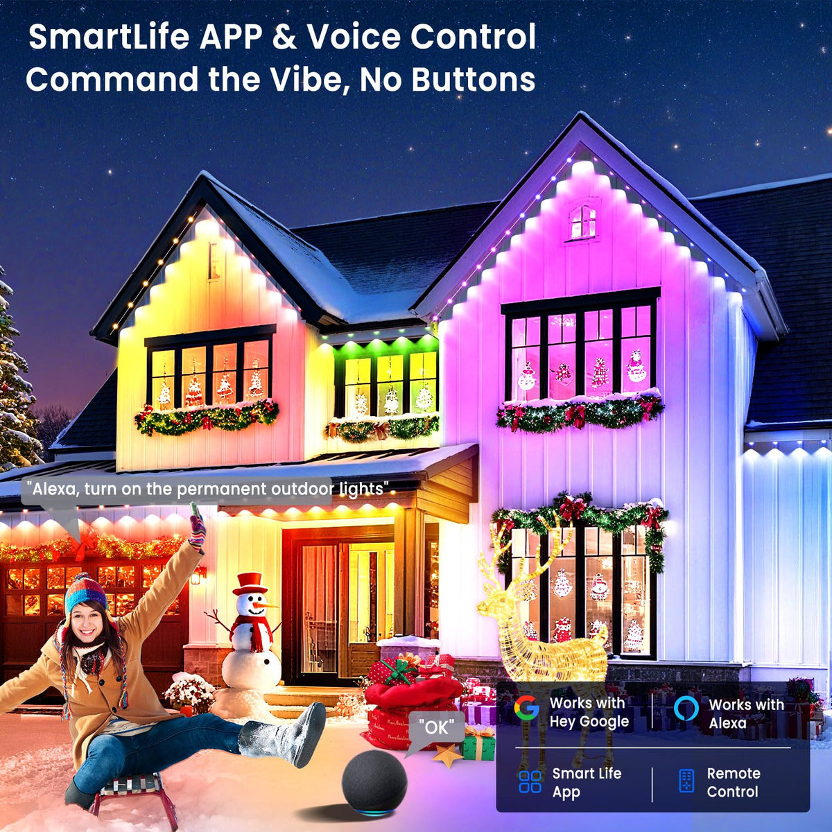 Smart Permanent Outdoor Lights for House, 150ft with 72 RGB+IC Permanent Outdoor Lights, P67 Waterproof with DIY Scene for Halloween Christmas Decor