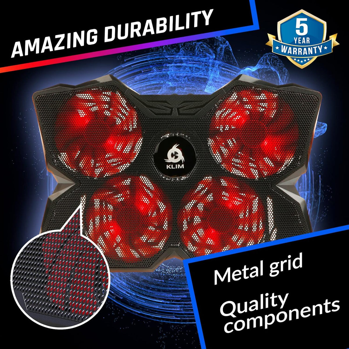KLIM Wind Laptop Cooling Pad - More Than 500 000 Units Sold - New - The Most Powerful Rapid Action Cooling Fan - Laptop Stand with 4 Fans at 1200 RPM - USB - PS5 PS4 - Red