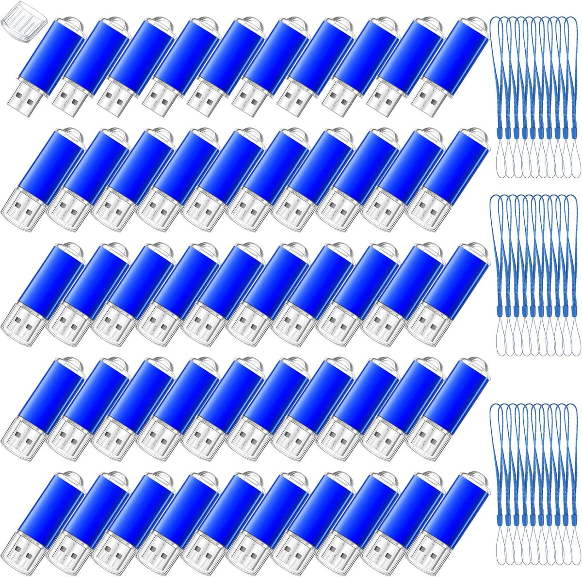 Hoteam 50 Pack USB 2.0 Flash Drives Bulk Blue Portable Thumb Drive with Hat USB Sticks Bulk with 50 Pcs Lanyards for Data Storage File Sharing Commercial Gift(256MB)