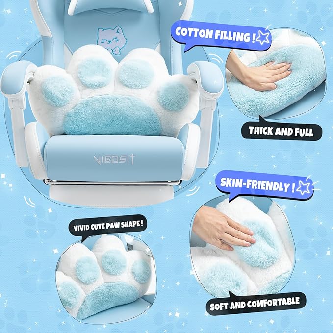 Cute Gaming Chair with Cat Paw Lumbar Cushion and Cat Ears Kawaii Pink Computer Chair with Footrest Ergonomic PC Video Anime Gaming Chairs Recliner for Kids Girls Teens (Blue)