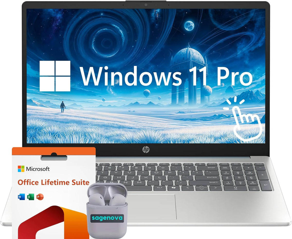 HP Touch Screen Laptop Computer, 15.6" FHD IPS LED Touchscreen Laptop 32GB RAM 1TB SSD, Intel Core i3-N305, Windows 11 Pro with Microsoft Office Lifetime Suite, SageNova Earphones, Moonlight Blue