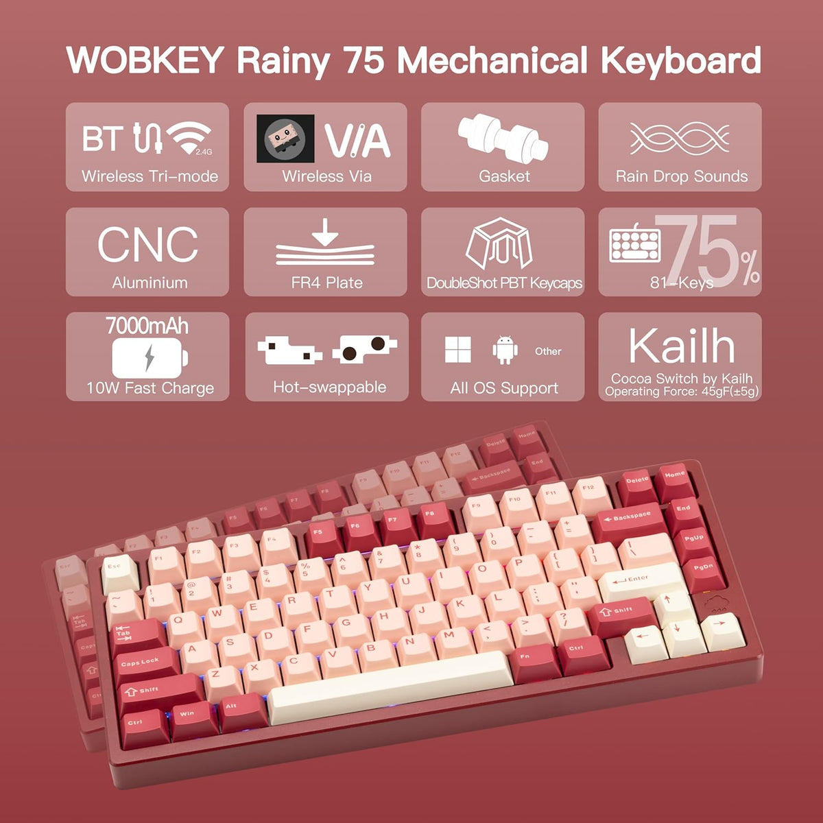KEEBMONKEY WOBKEY Rainy 75 CNC Aluminum HMX/JWK/Cocoa Switches Triple-Mode Connectivity Mechanical Keyboard with Superior Acoustics, RGB/FR4/Silver SUS304/7000mAh/Cocoa Switch (Pro - Red Velvet)