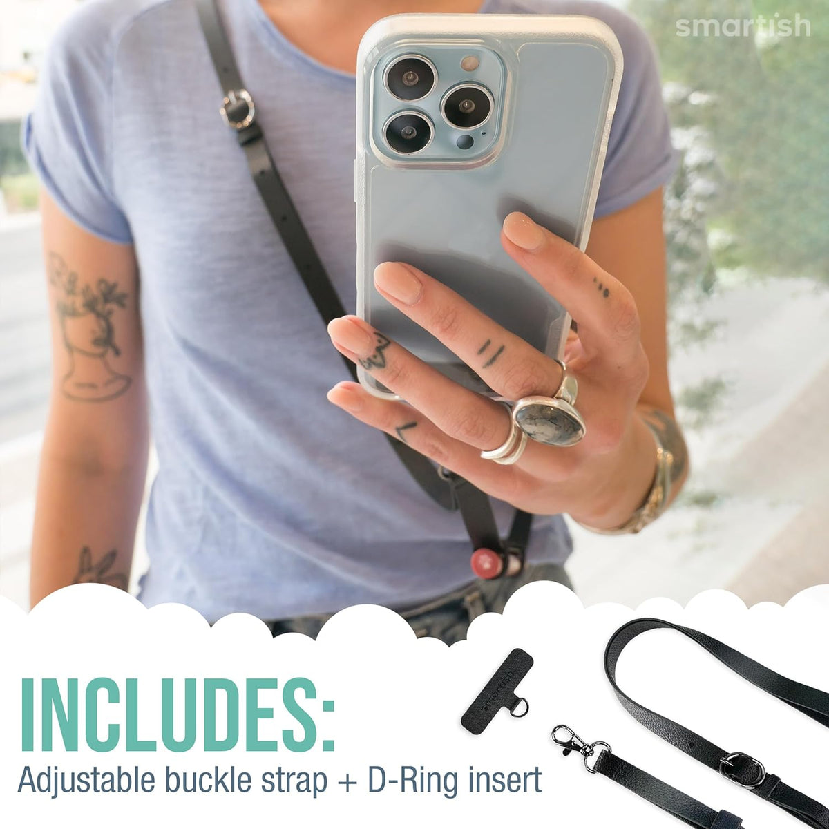 Smartish Phone Lanyard - Case Clinger - Universal iPhone Holder w/Detachable Crossbody Shoulder Neck Strap Compatible w/All Phone Cases - Adjustable Black Vegan Leather
