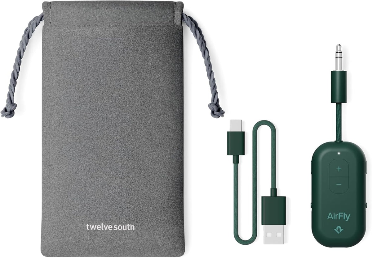 Twelve South AirFly Pro | Bluetooth Wireless Transmitter/Receiver Adapter for 2 Headphones, Audio Sharing, Compatible with 3.5mm aux Jack for Airplanes, TV, Gym, Stereo, and Travel, Evergreen