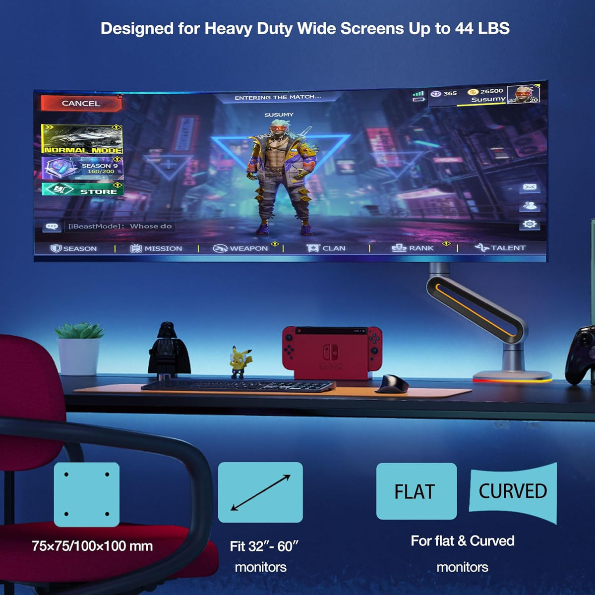 RGB Gaming Monitor-arm for Flat/Ultrawide/Curved Monitors 32 to 60 inch, Heavy Duty Stand Load up to 20 kg, VESA 75/100 mm Monitor-Mount F6-G